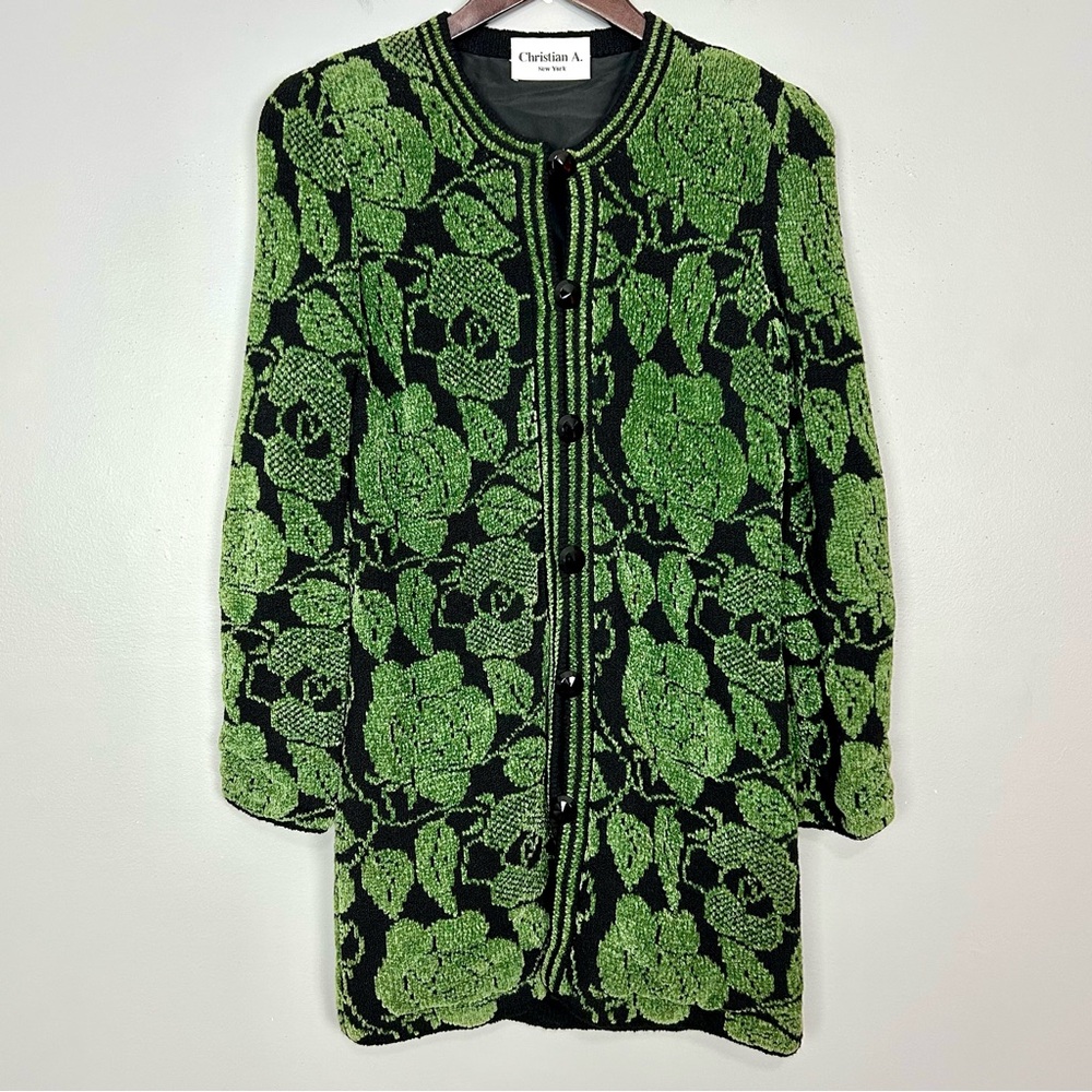 Vintage Chenille Long Cardigan Sweater Women’s Size S Button Front Brocade Lined